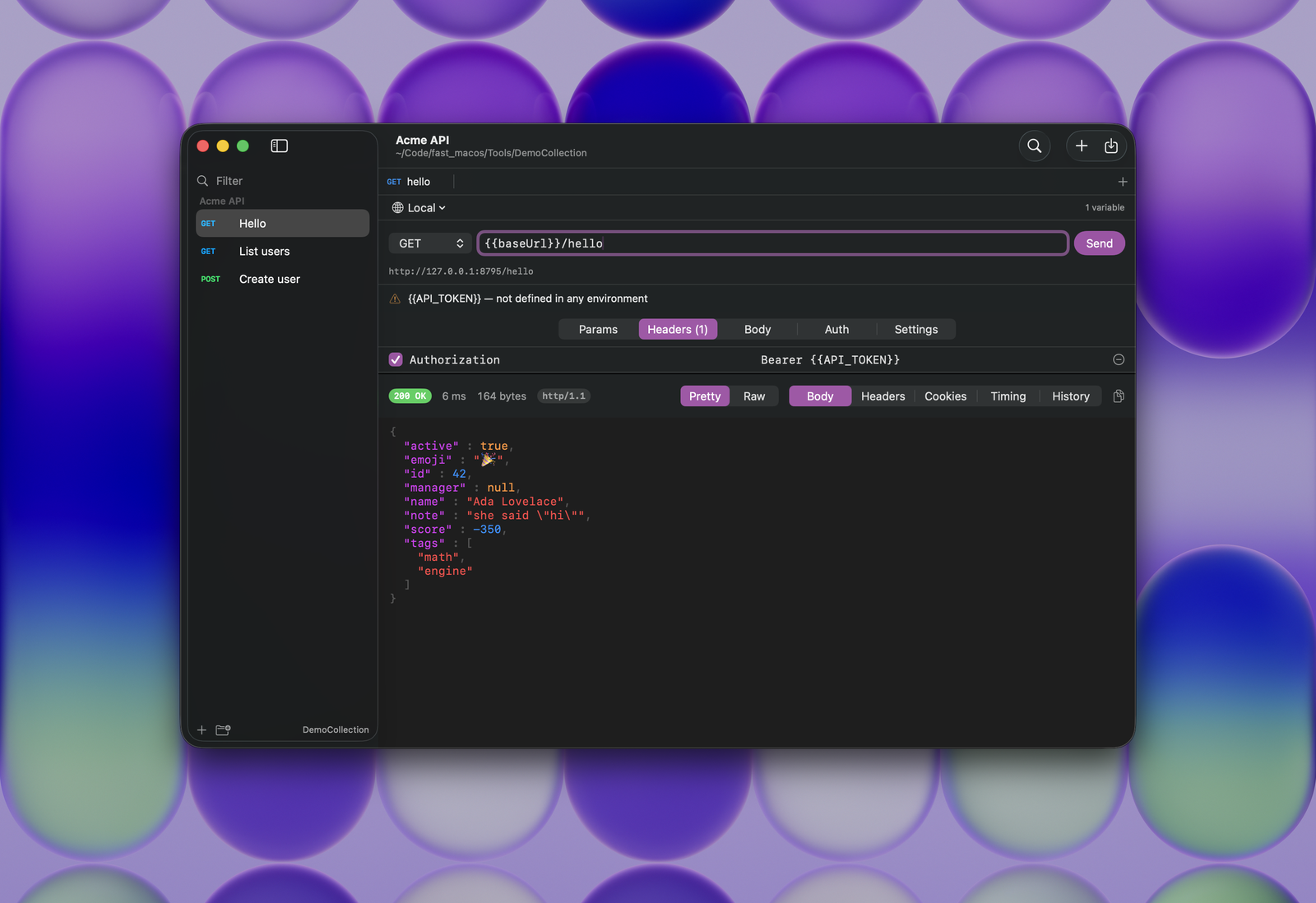 Nib showing a collection, an environment picker, and a highlighted JSON response